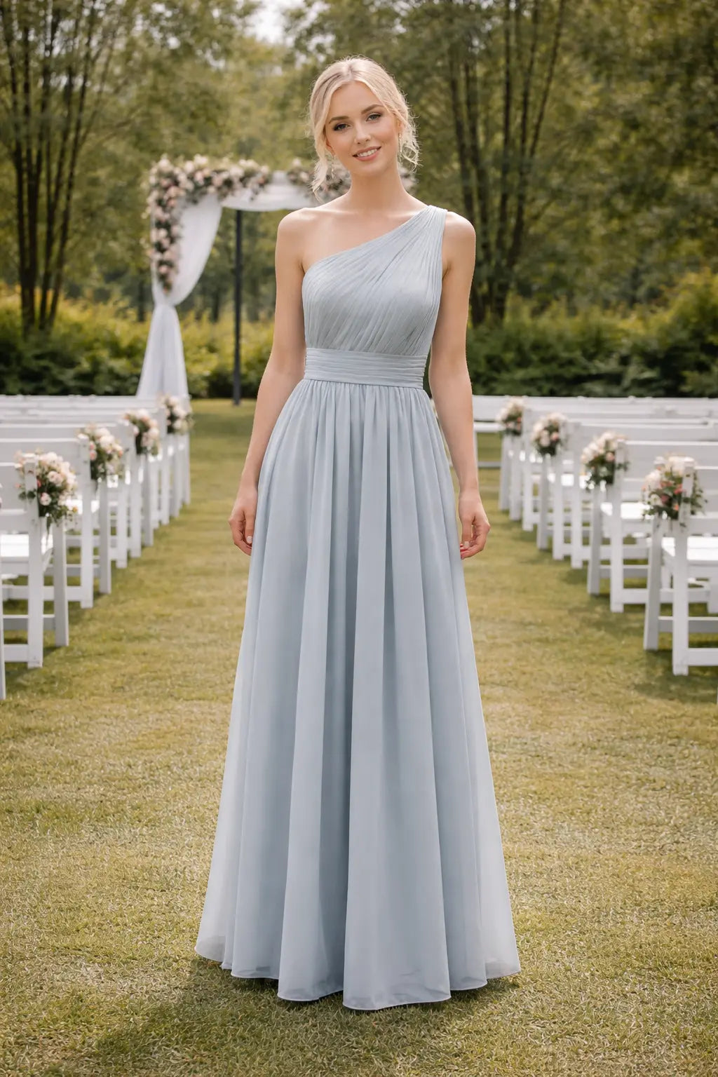 One-Shoulder Chiffon Bridesmaid Dress with Ruched Bodice TFB 8040 | blissfulprom