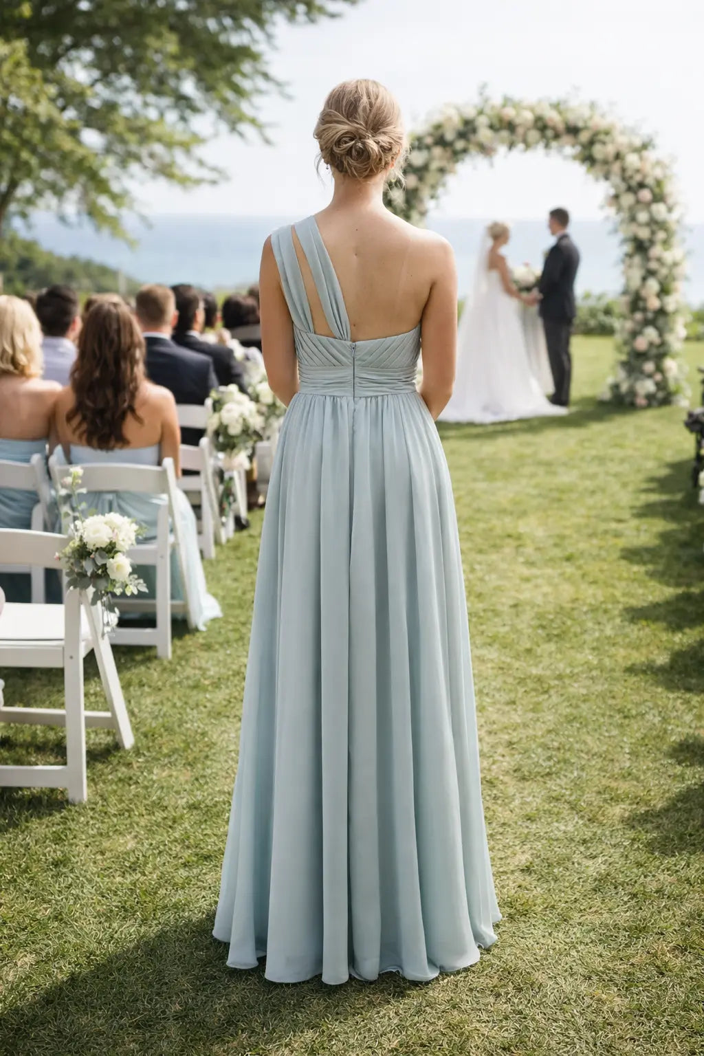 One-Shoulder Chiffon Bridesmaid Dress with Ruched Bodice TFB 8040 | blissfulprom