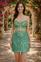 Green sequined strapless corset mini dress with sweetheart neckline