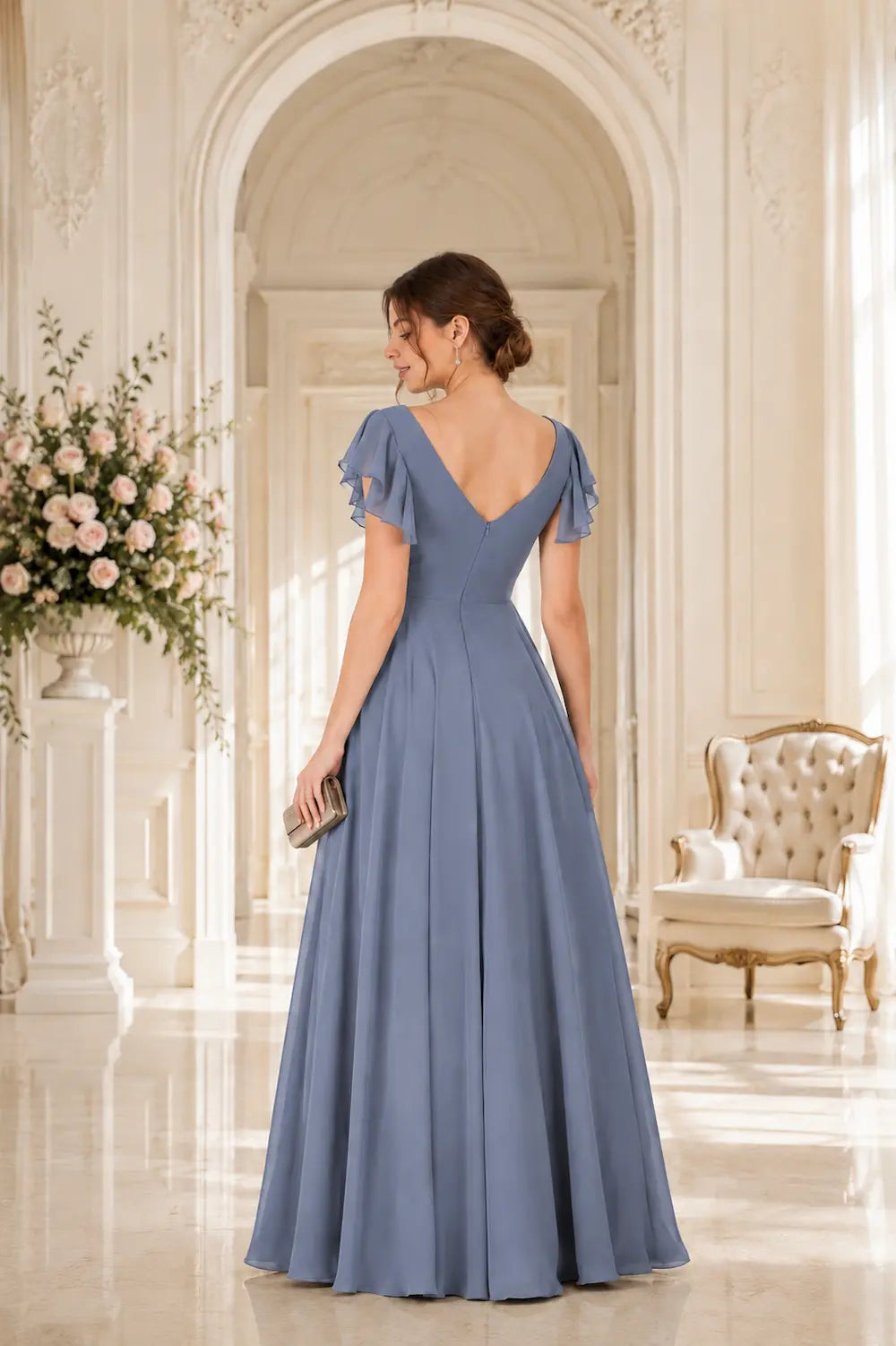 V-neck A-line prom dress in dusty blue with open back and short flutter sleeves