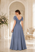 V-neck A-line prom dress in dusty blue with open back and short flutter sleeves