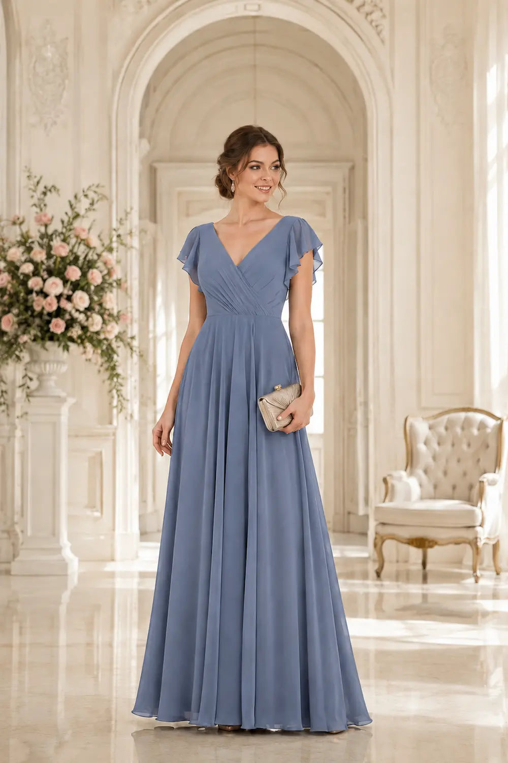 V-neck A-line prom dress in dusty blue with ruched bodice and short flutter sleeves