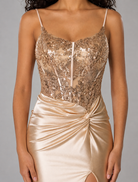 Gold sequin corset bodice prom dress with spaghetti straps and ruched satin skirt