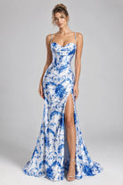Blue-white floral mermaid prom dress, corset bodice, spaghetti straps, side slit