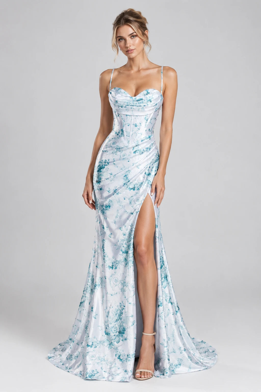 Light-blue floral mermaid prom dress with corset bodice, spaghetti straps, side slit