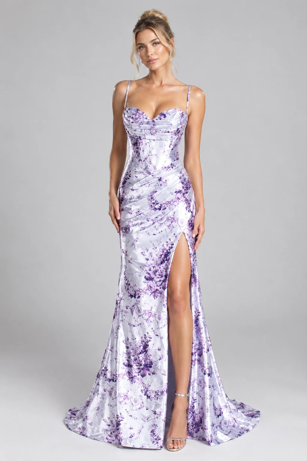 Purple-white floral mermaid prom dress with corset bodice, spaghetti straps, side slit