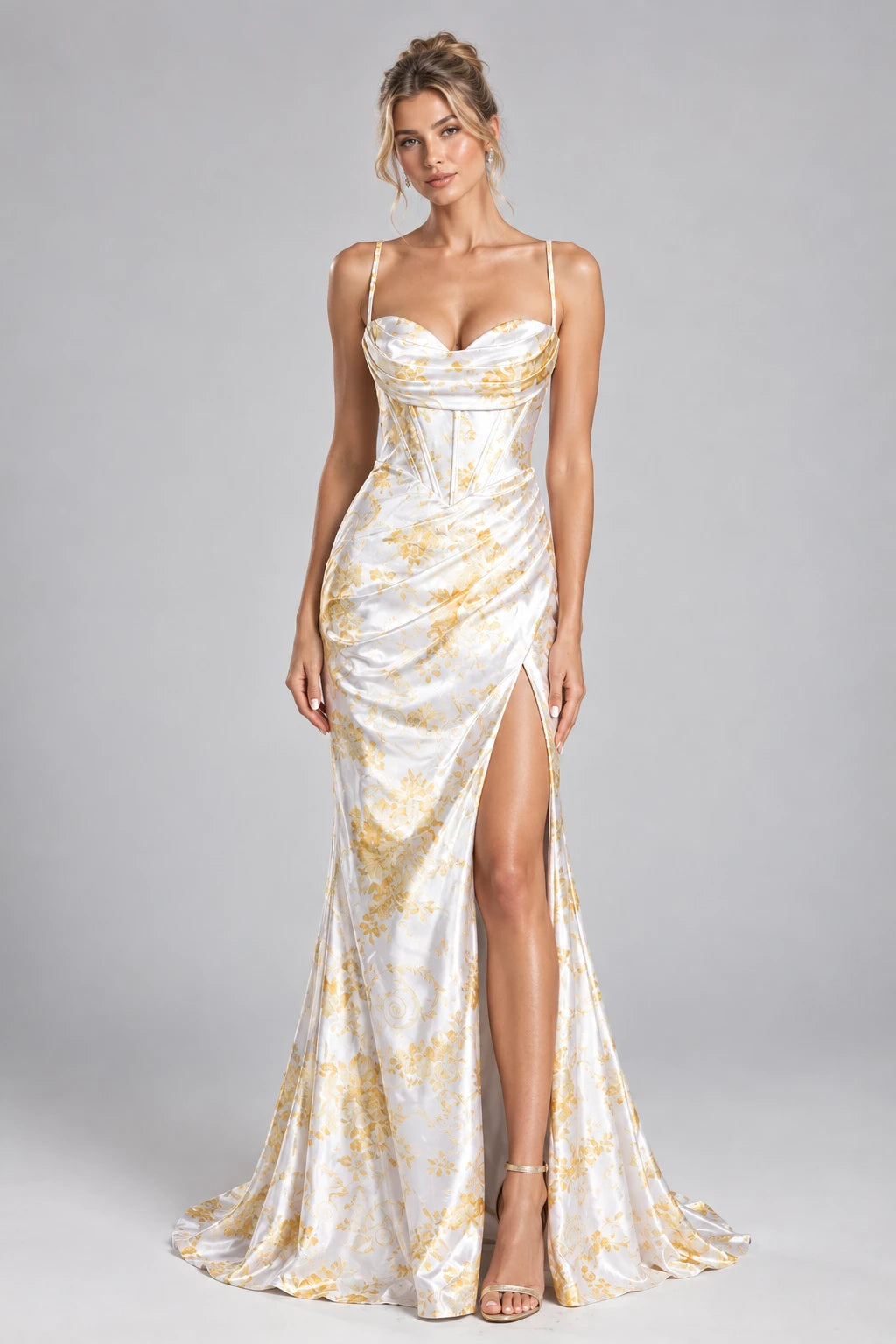 Yellow-white floral mermaid prom dress with corset bodice, spaghetti straps, side slit