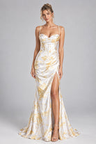 Yellow-white floral mermaid prom dress with corset bodice, spaghetti straps, side slit