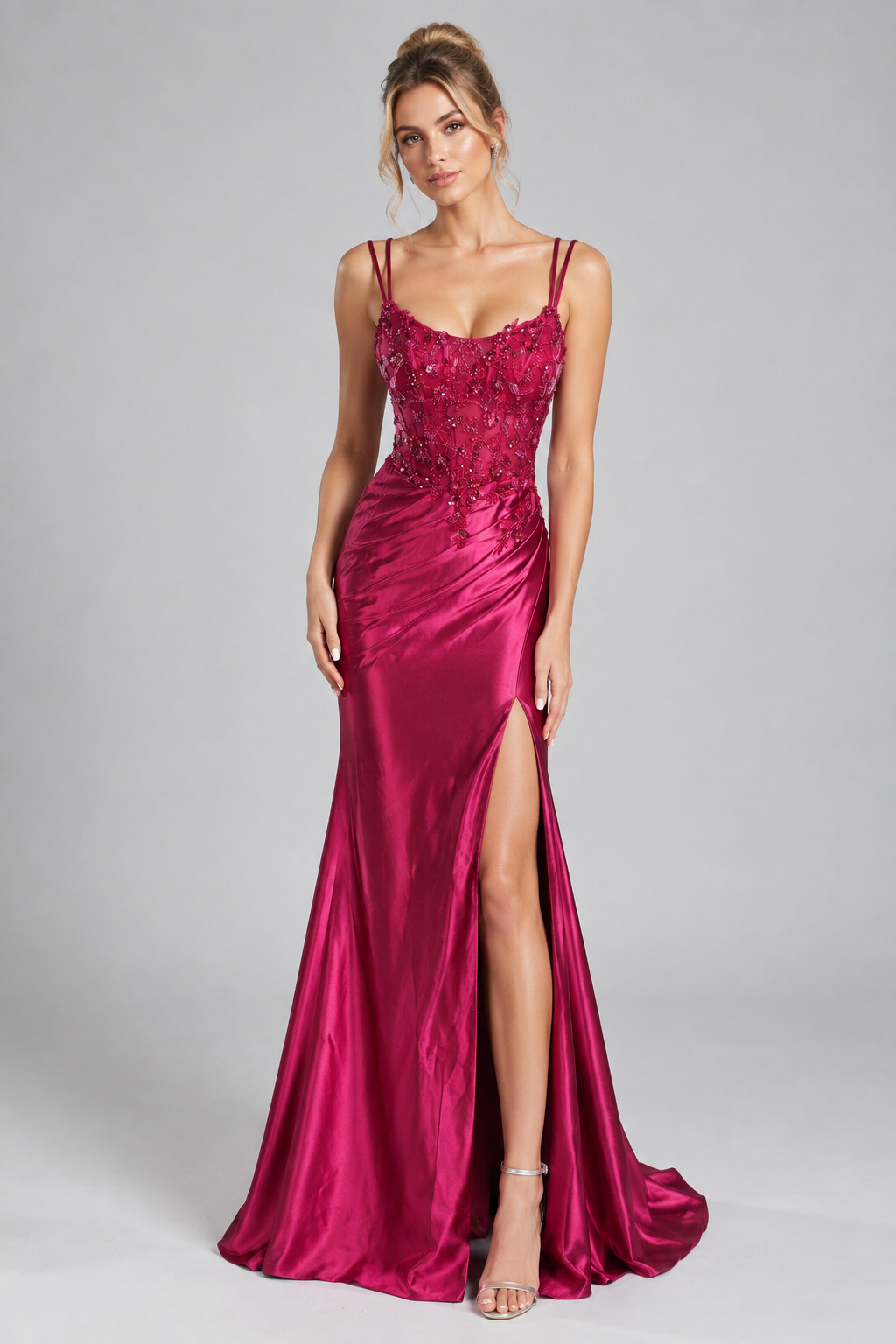 Hot pink satin mermaid prom dress with sequin lace bodice and thigh-high slit
