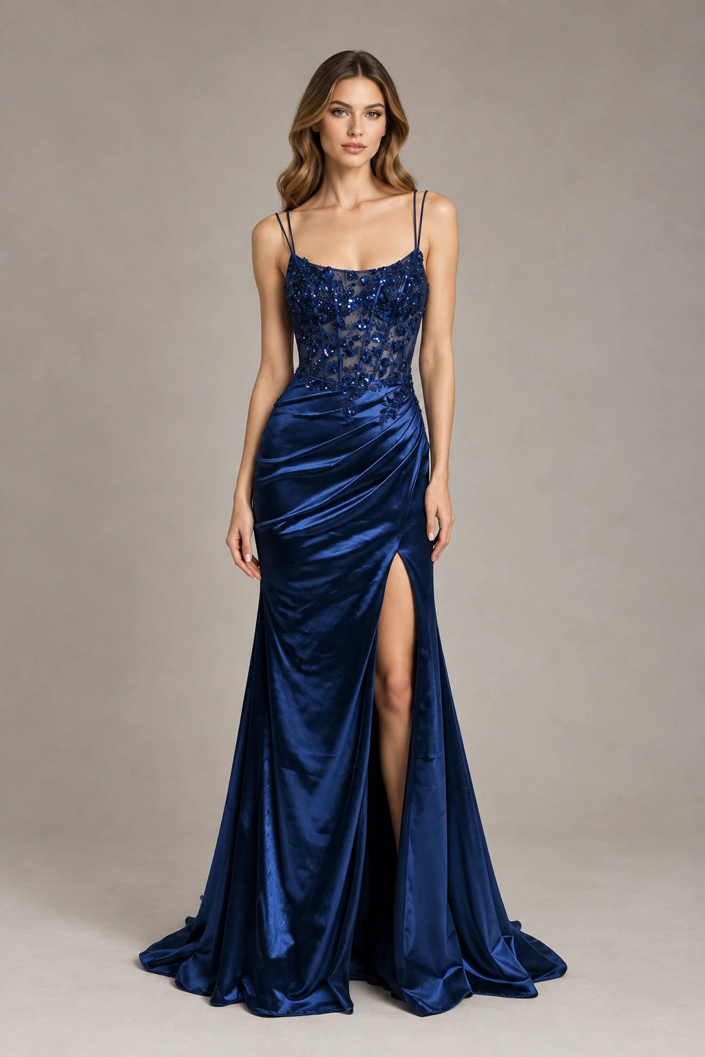 Navy satin mermaid prom dress with sequin lace bodice and thigh-high slit