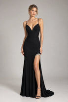 Black satin V-neck mermaid prom dress with jeweled slit detail