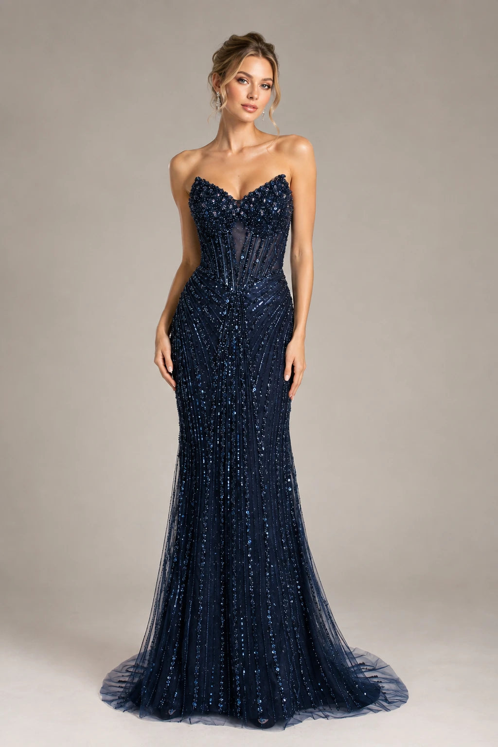 Navy blue beaded corset mermaid prom dress with sweetheart neckline
