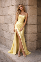 Lustrous Satin Ruched Strapless Corset Prom Dress with High Slit - TFB 8077 | blissfulprom