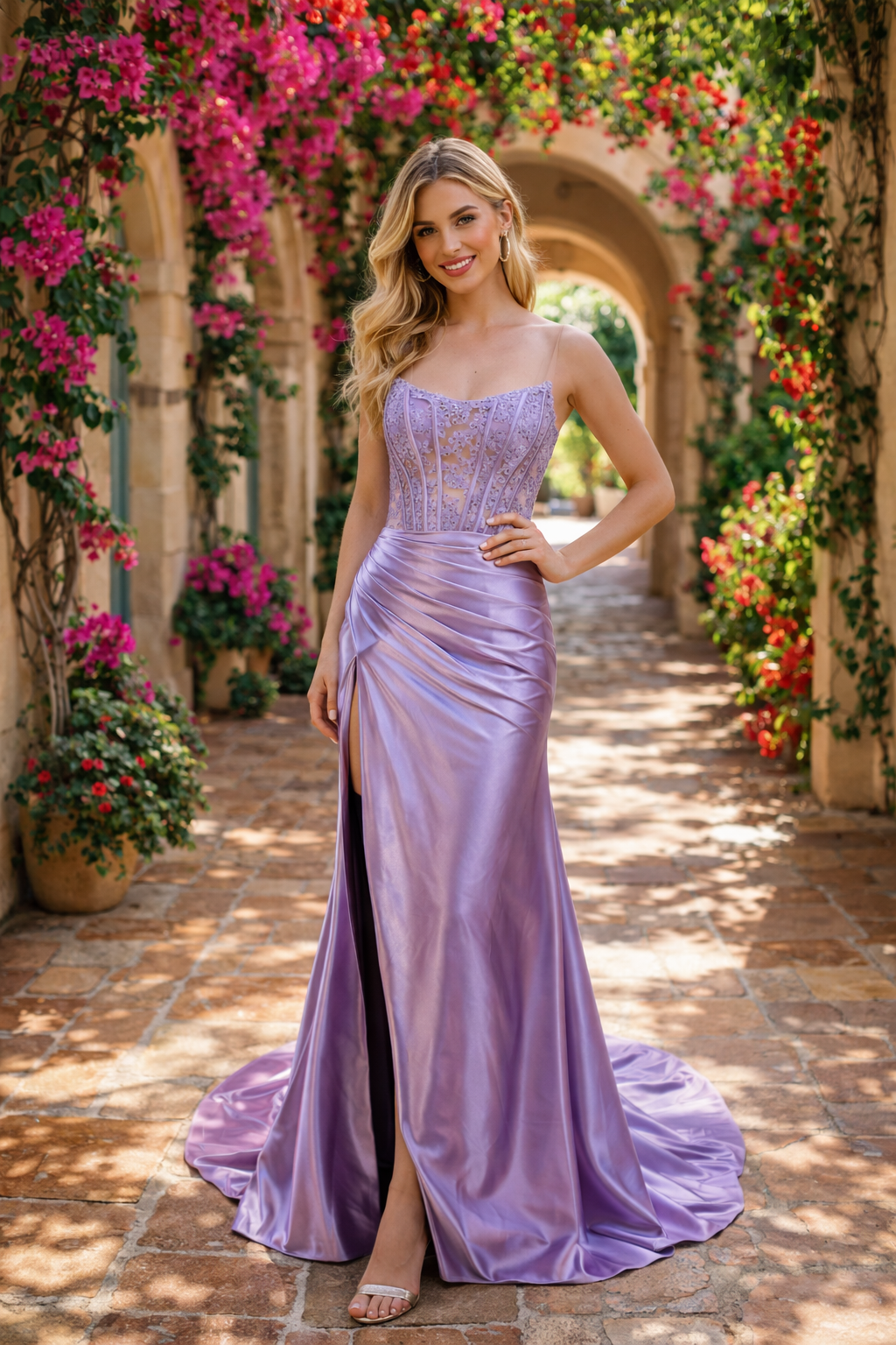 Strapless Embellished Bodice Satin Mermaid Prom Dress with High Slit TFB 8015 | blissfulprom