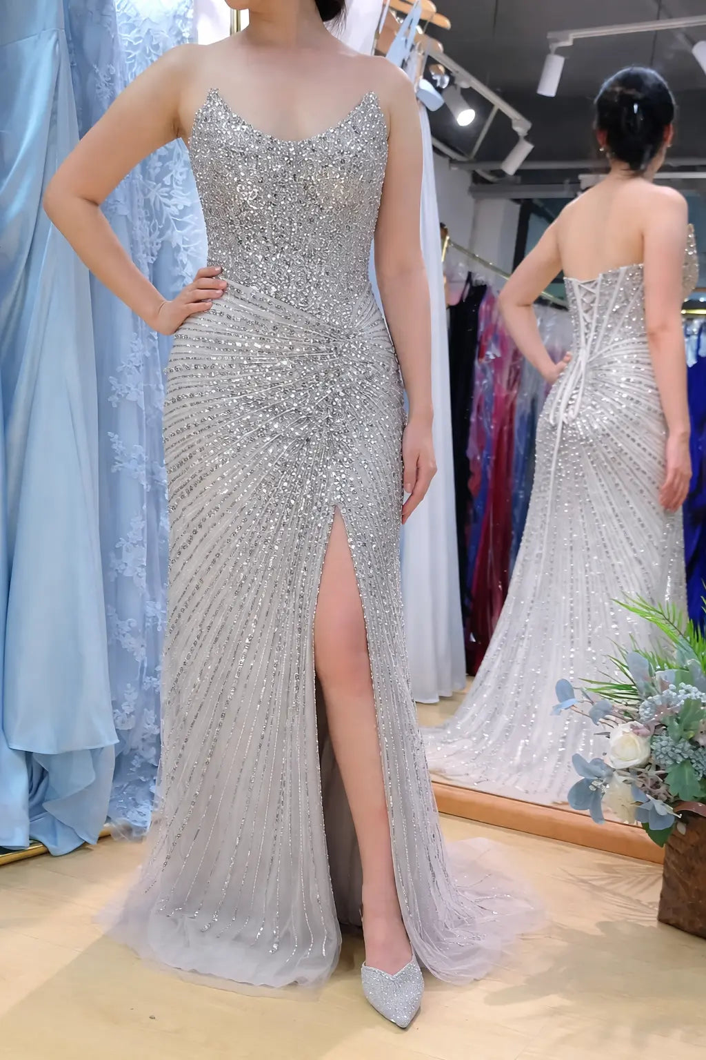Sequin Ruched Waist Mermaid Prom Dress with High Slit and Lace-Up Back TFB 8081 | blissfulprom