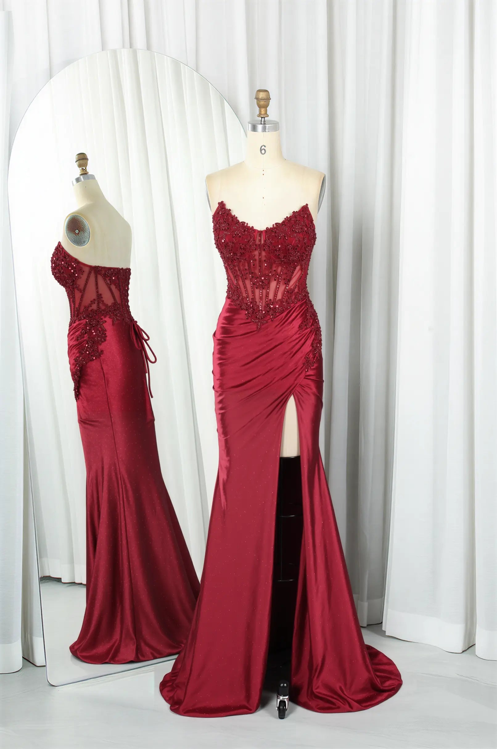 Floral Lace Corset & Asymmetrical Draped Satin Prom Dress with Slit TFB 5032 | blissfulprom