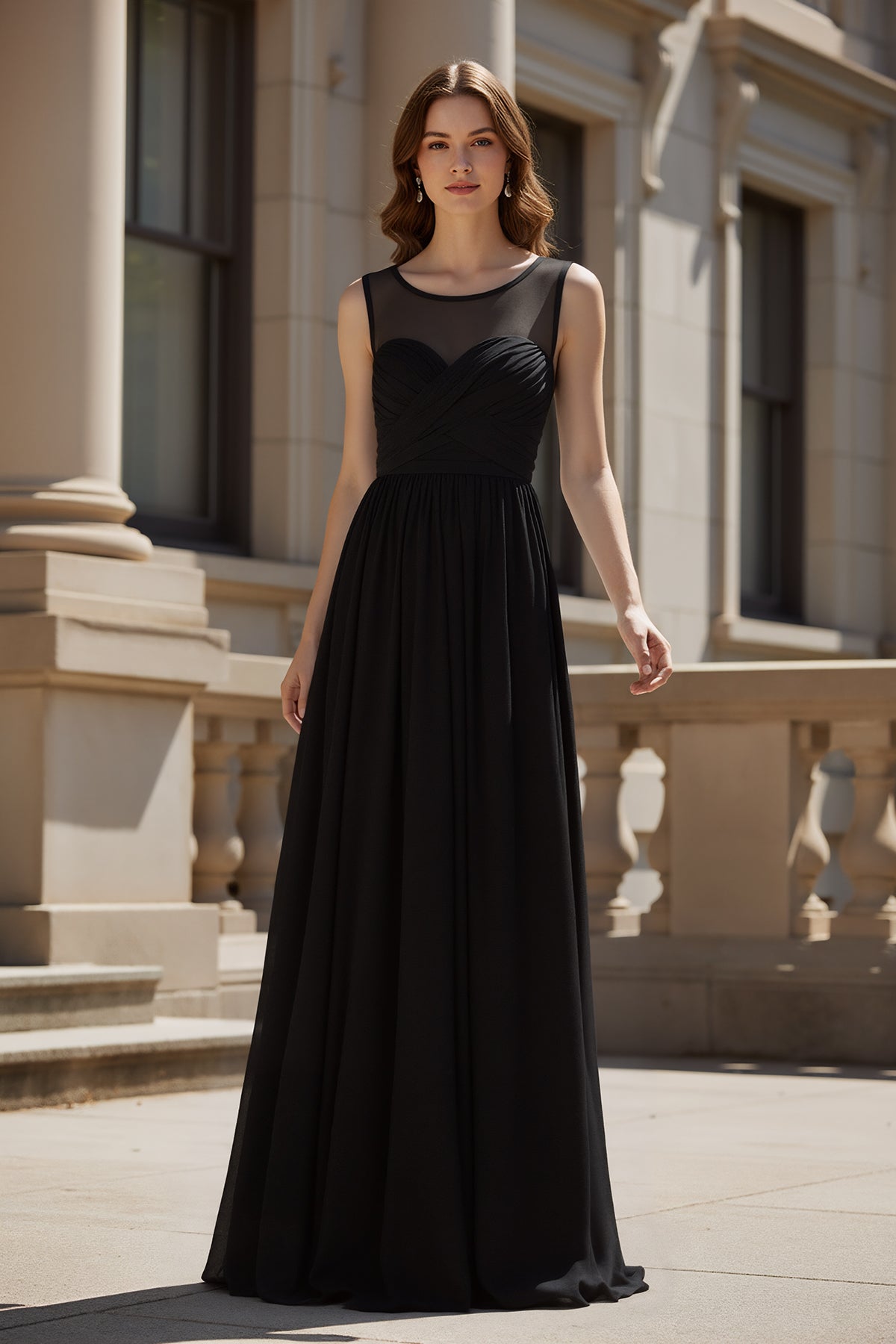 Chiffon A Line Prom Dress with Sheer Neckline Ruched Bodice and Keyhole Back -TFB8031