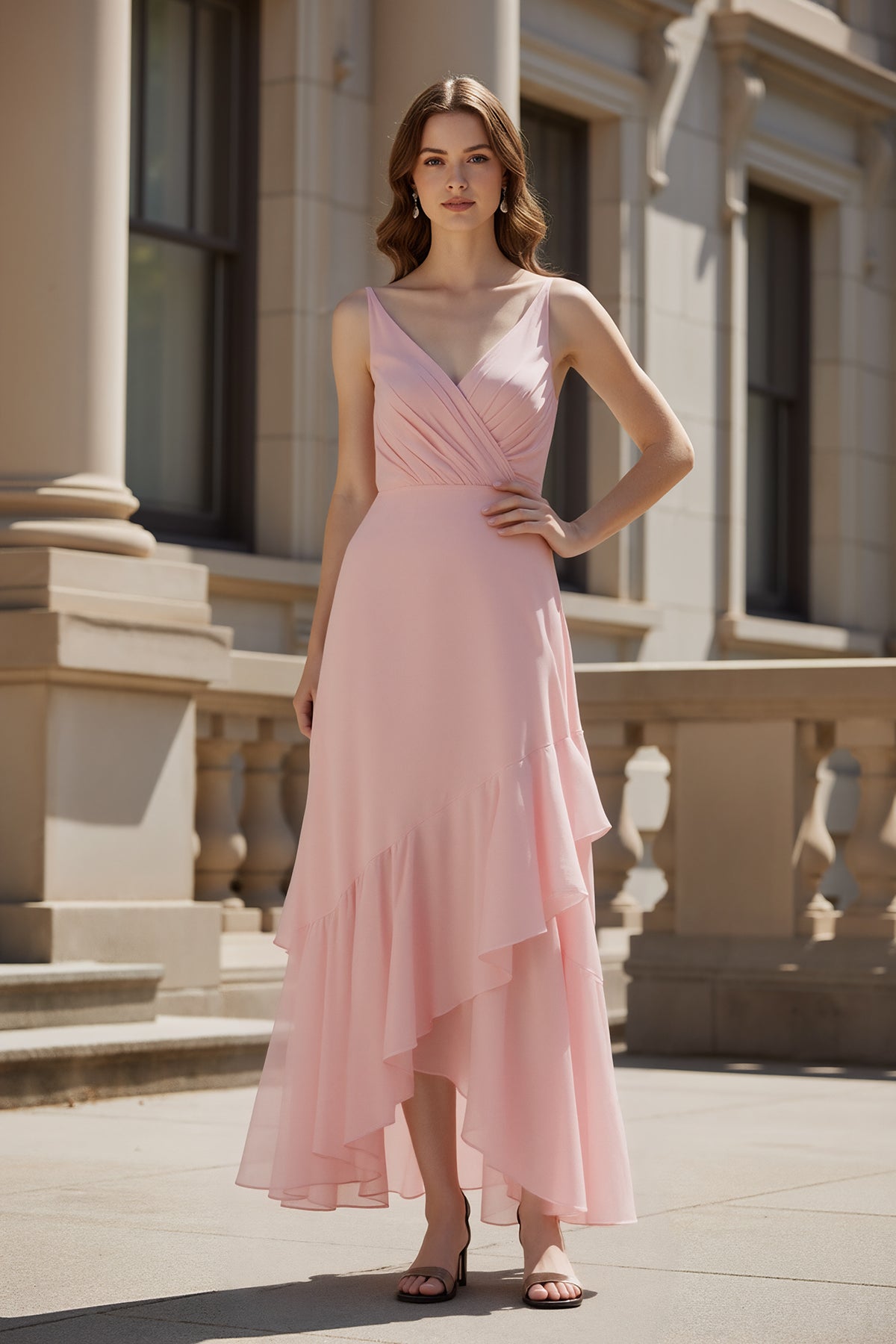 Chiffon High Low Prom Dress with Spaghetti Straps V Neck and Ruched Bodice-TFB8032