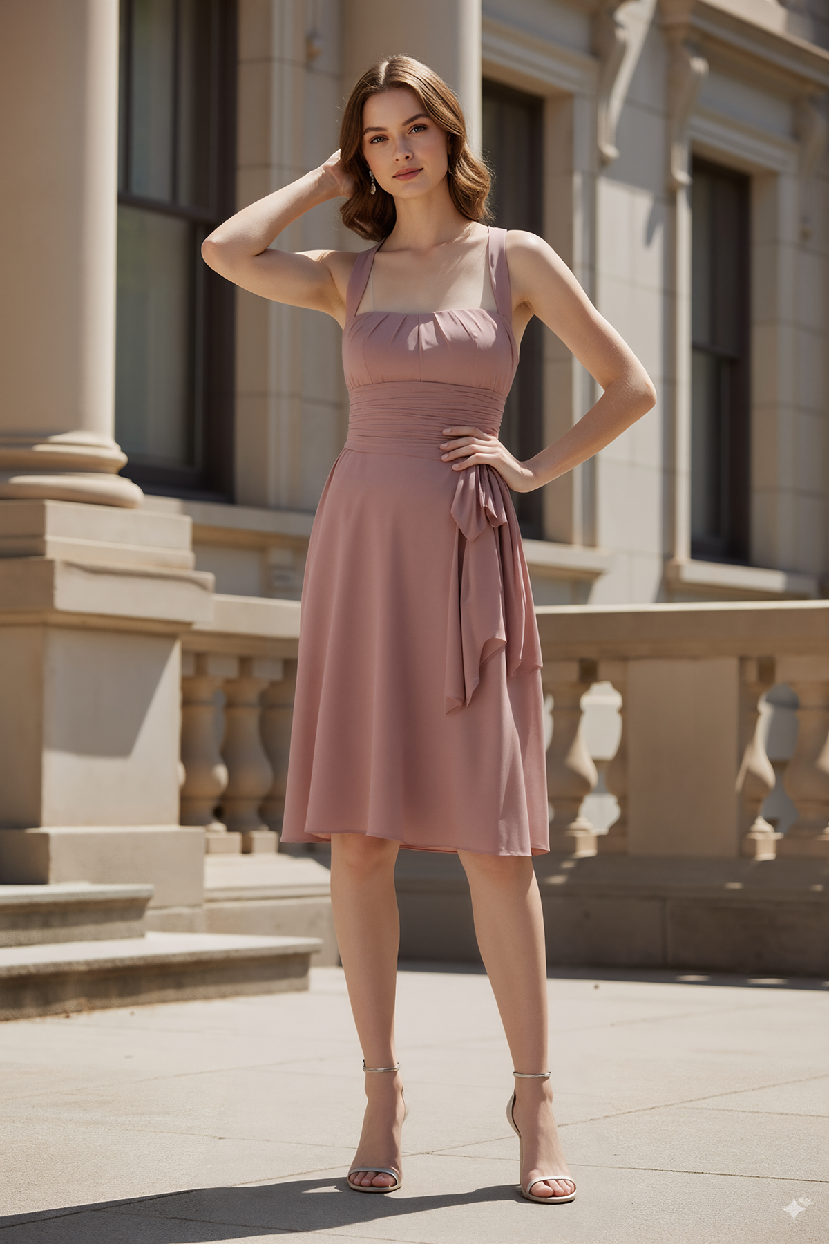 Short Chiffon Halter Prom Dress with Ruched Bodice and Waist Sash-TFB8034