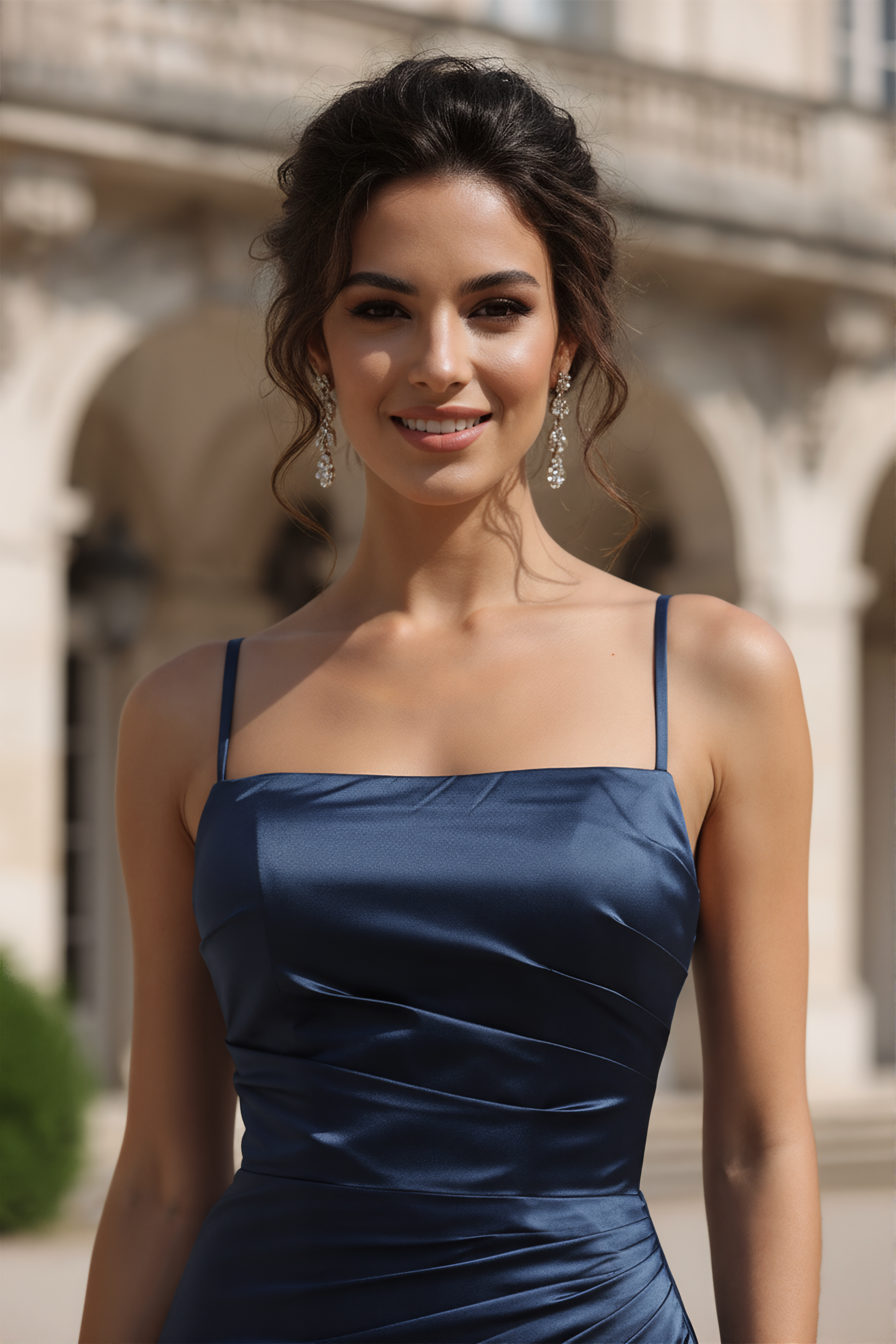 Spaghetti Strap Ruched Satin Prom Dress with Slit – TFB6003