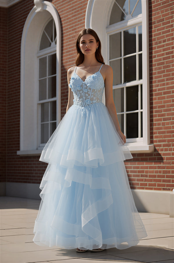 Light blue spaghetti-strap tiered tulle prom dress with floral bodice