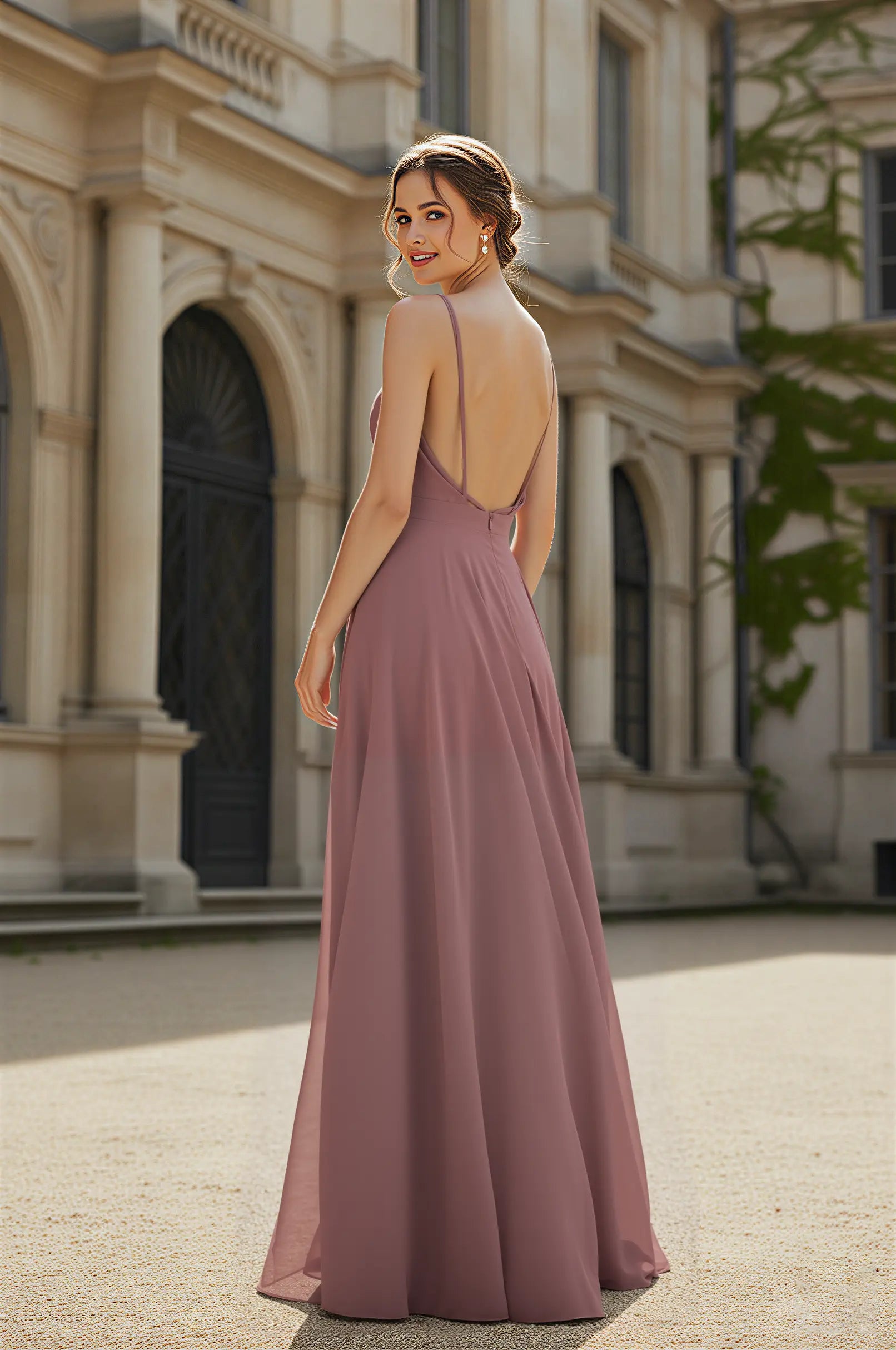 Spaghetti Strap Chiffon Bridesmaid Dress with Deep V-Back TFB 8062 | blissfulprom
