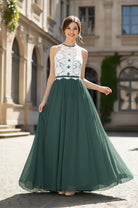 Halter Lace Bodice Bridesmaid Dress with Chiffon Skirt & Open Back TFB 8063 | blissfulprom