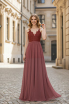 V-Neck Lace Bodice Chiffon Bridesmaid Dress with Open Back TFB 8064 | blissfulprom