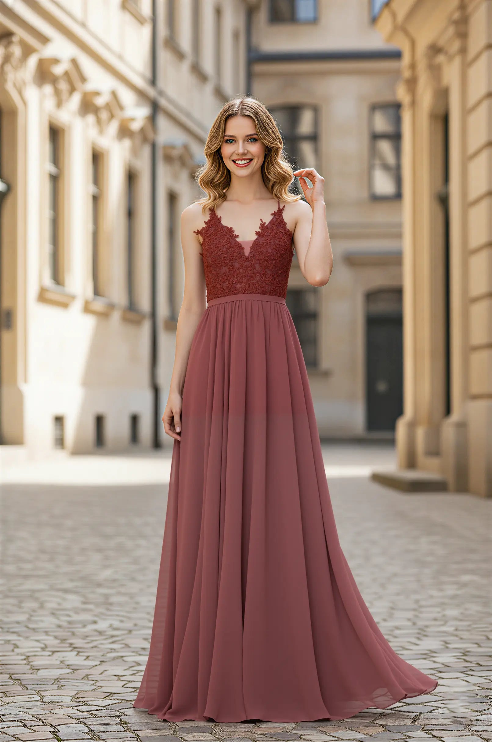 V-Neck Lace Bodice Chiffon Bridesmaid Dress with Open Back TFB 8064 | blissfulprom