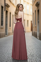 V-Neck Lace Bodice Chiffon Bridesmaid Dress with Open Back TFB 8064 | blissfulprom