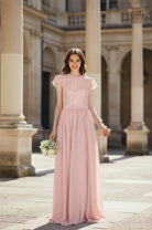 Flutter Sleeve Lace Bodice Chiffon Bridesmaid Dress with Bow Back TFB 8065 | blissfulprom