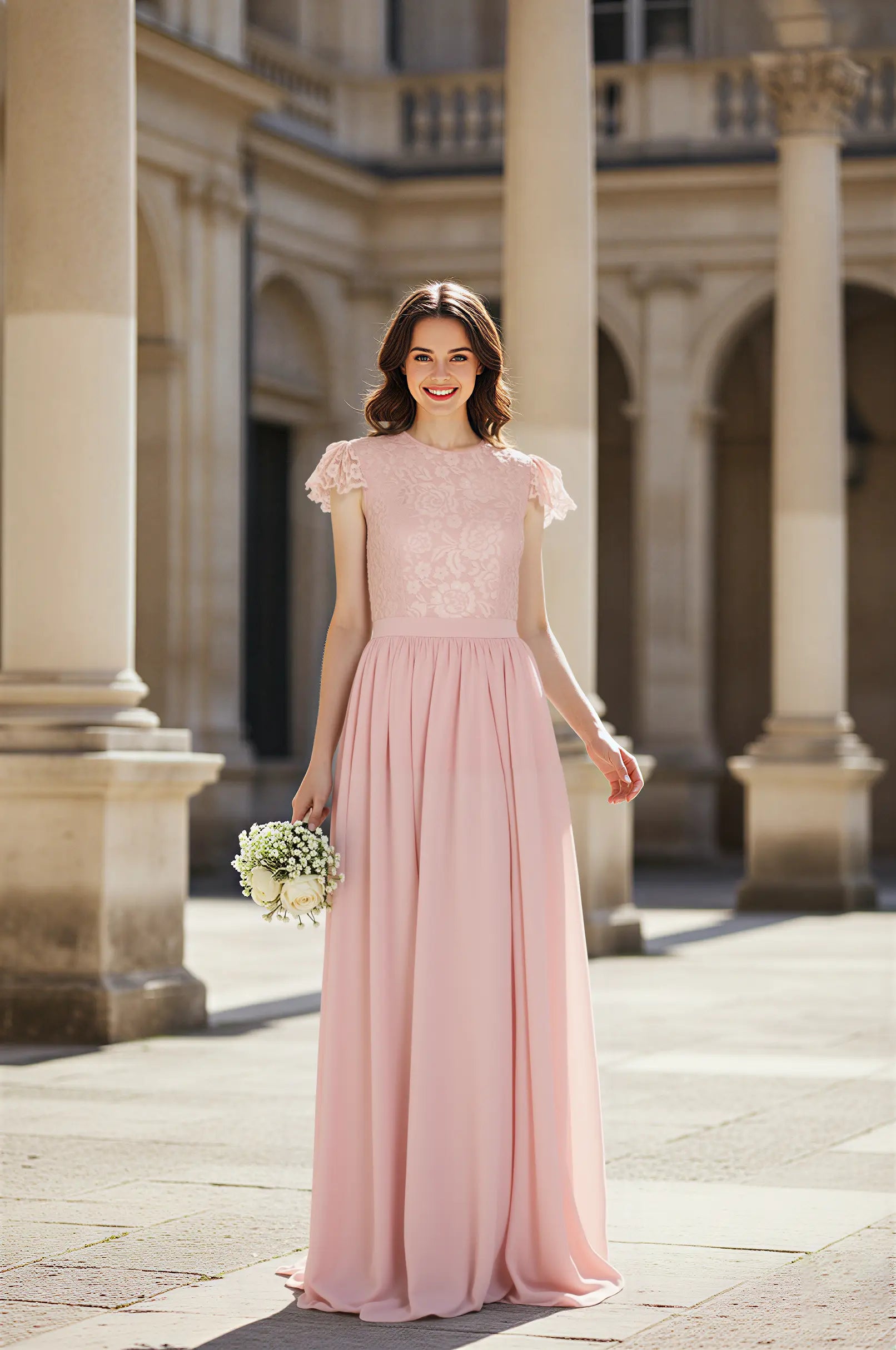 Flutter Sleeve Lace Bodice Chiffon Bridesmaid Dress with Bow Back TFB 8065 | blissfulprom