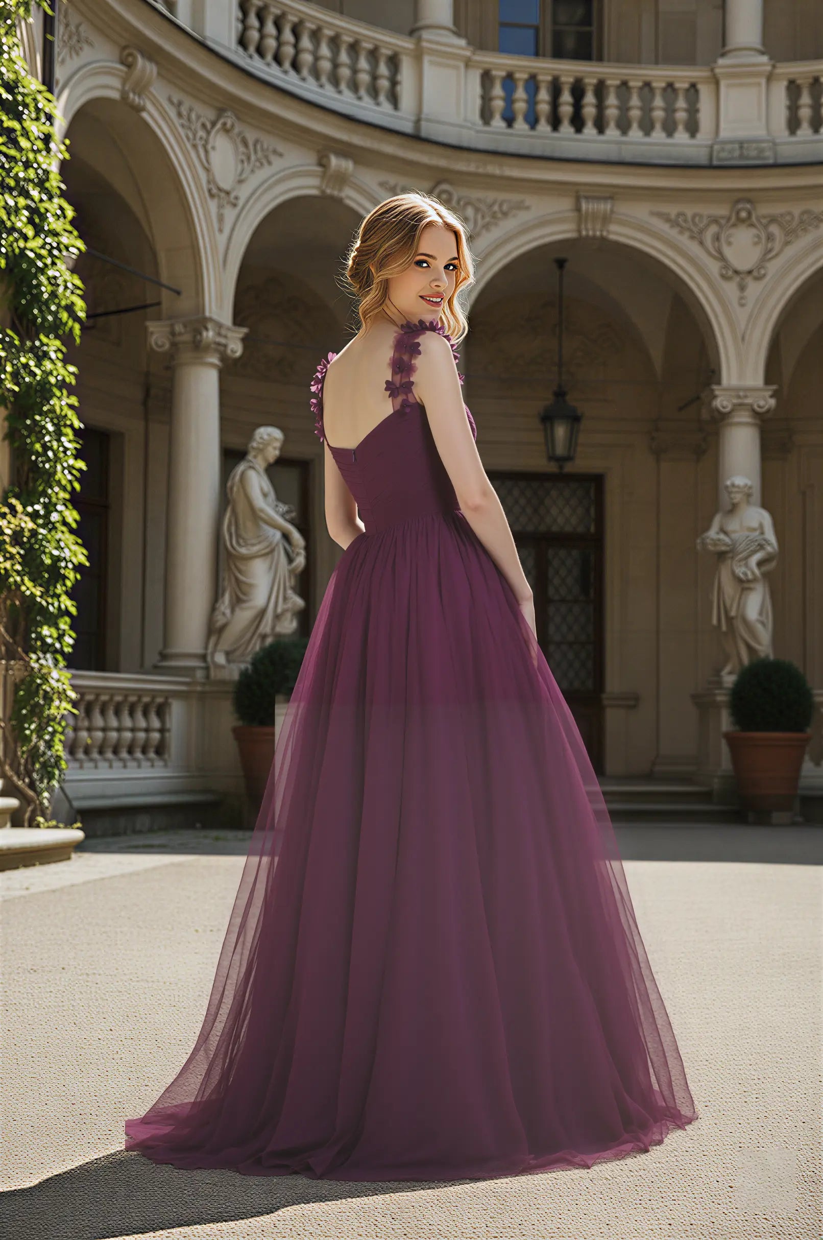 3D Floral Strap Tulle Bridesmaid Dress Sweetheart Neckline TFB 8066 | blissfulprom