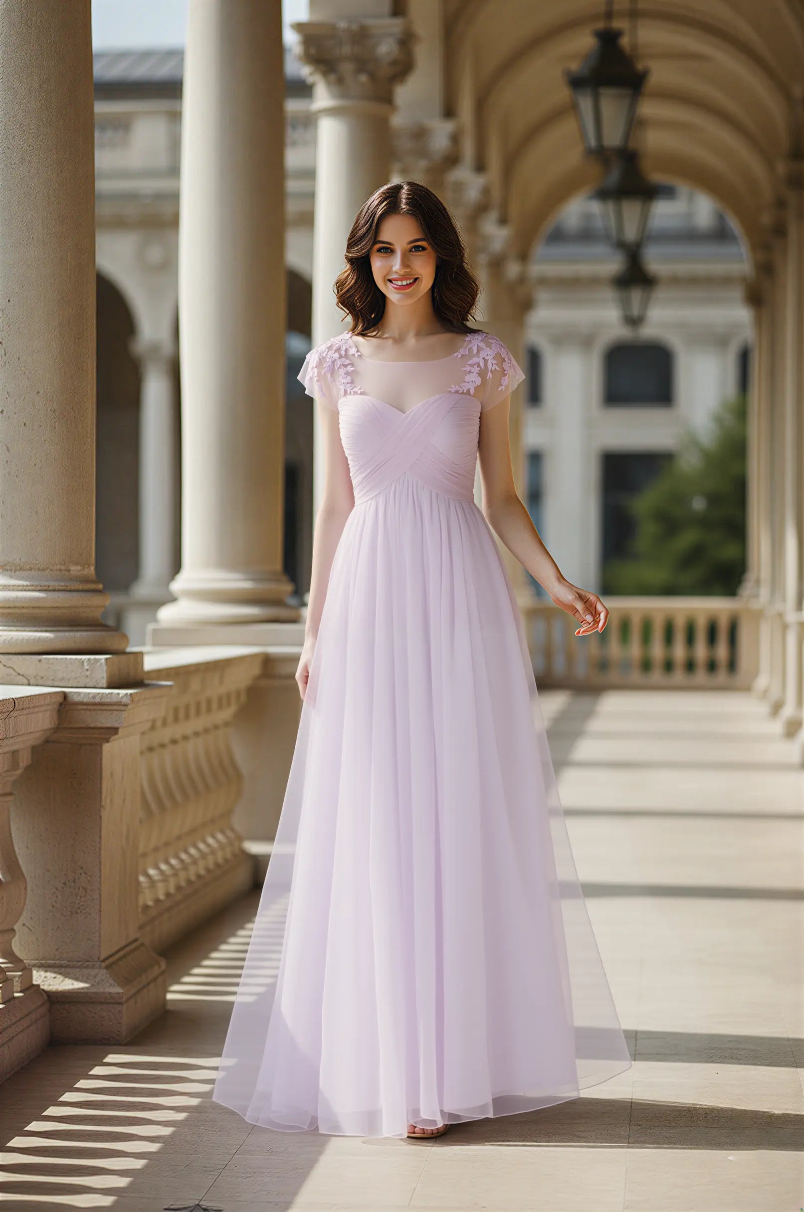 3D Floral Cap Sleeve Bridesmaid Dress Illusion Neckline Lavender TFB 8070 | blissfulprom