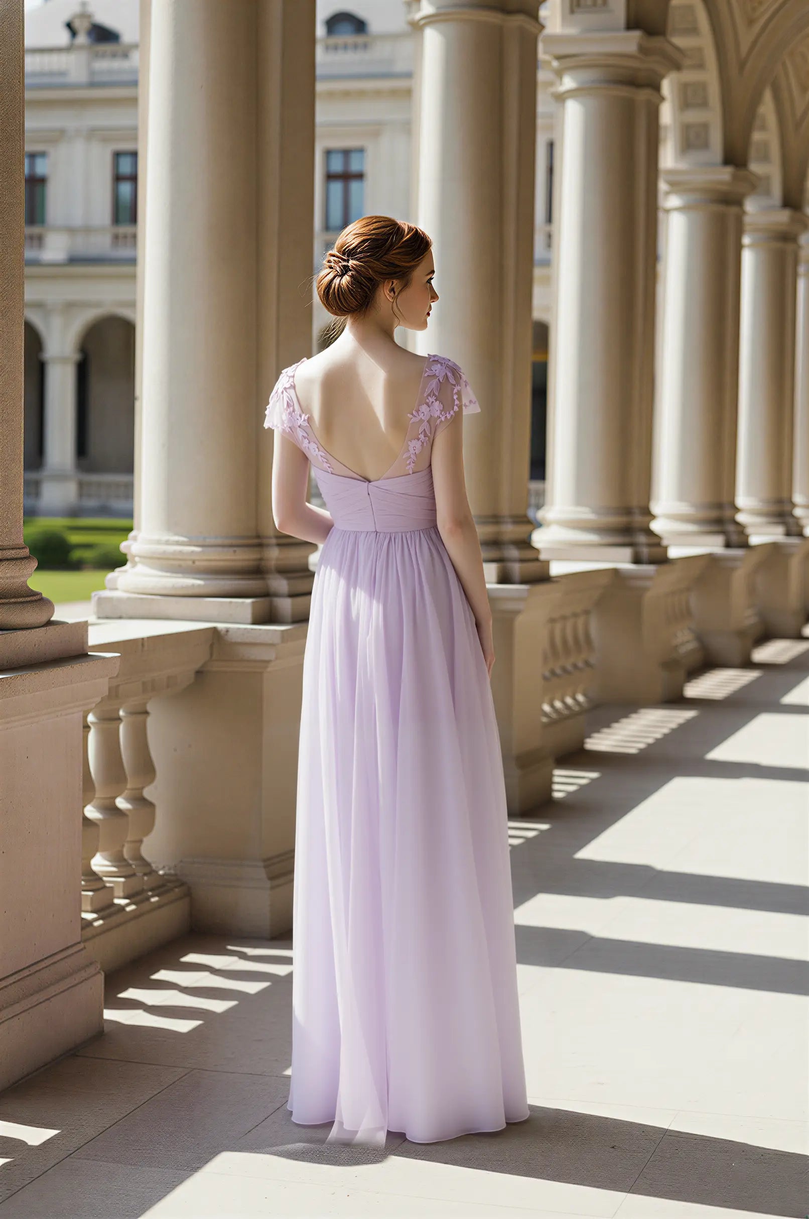 3D Floral Cap Sleeve Bridesmaid Dress Illusion Neckline Lavender TFB 8070 | blissfulprom