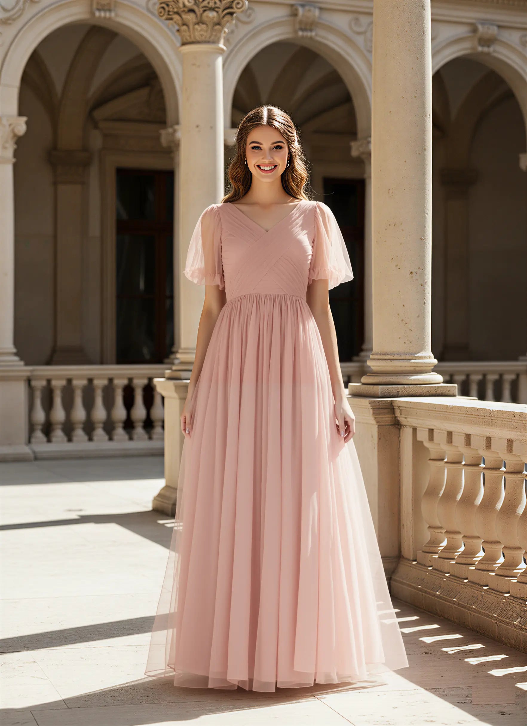 Flutter Sleeve V-Neck Tulle Bridesmaid Dress with Full Skirt TFB 8073 | blissfulprom