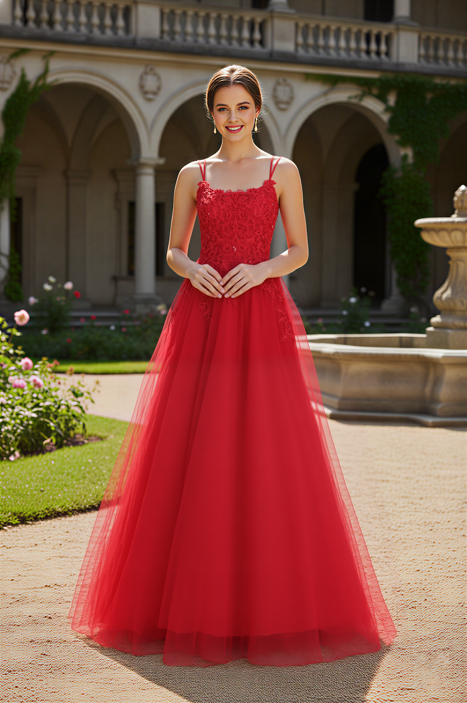 Spaghetti Strap Beaded and Appliqué Lace Prom Dress-TFB5029 Red