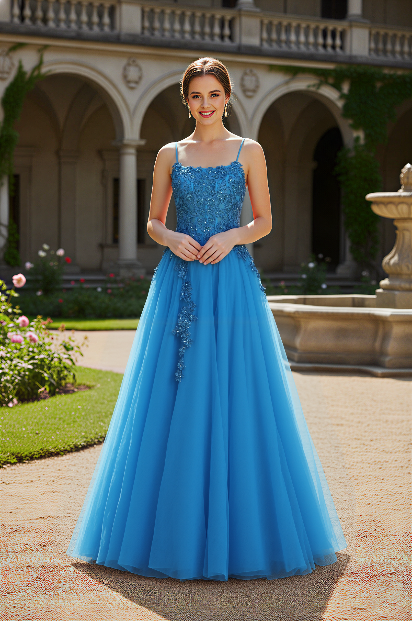 Spaghetti Strap Beaded and Appliqué Lace Prom Dress-TFB5029 Turq