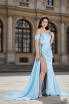 satin off-the-shoulder gown with embellished high slit.