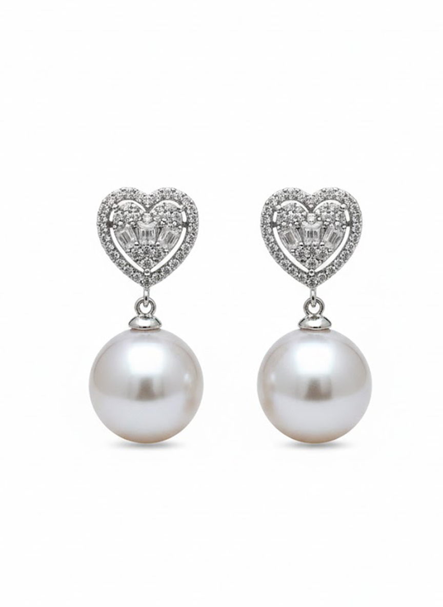 Romantic Silver-Tone Pave Heart Pearl Drop Earrings - RM005