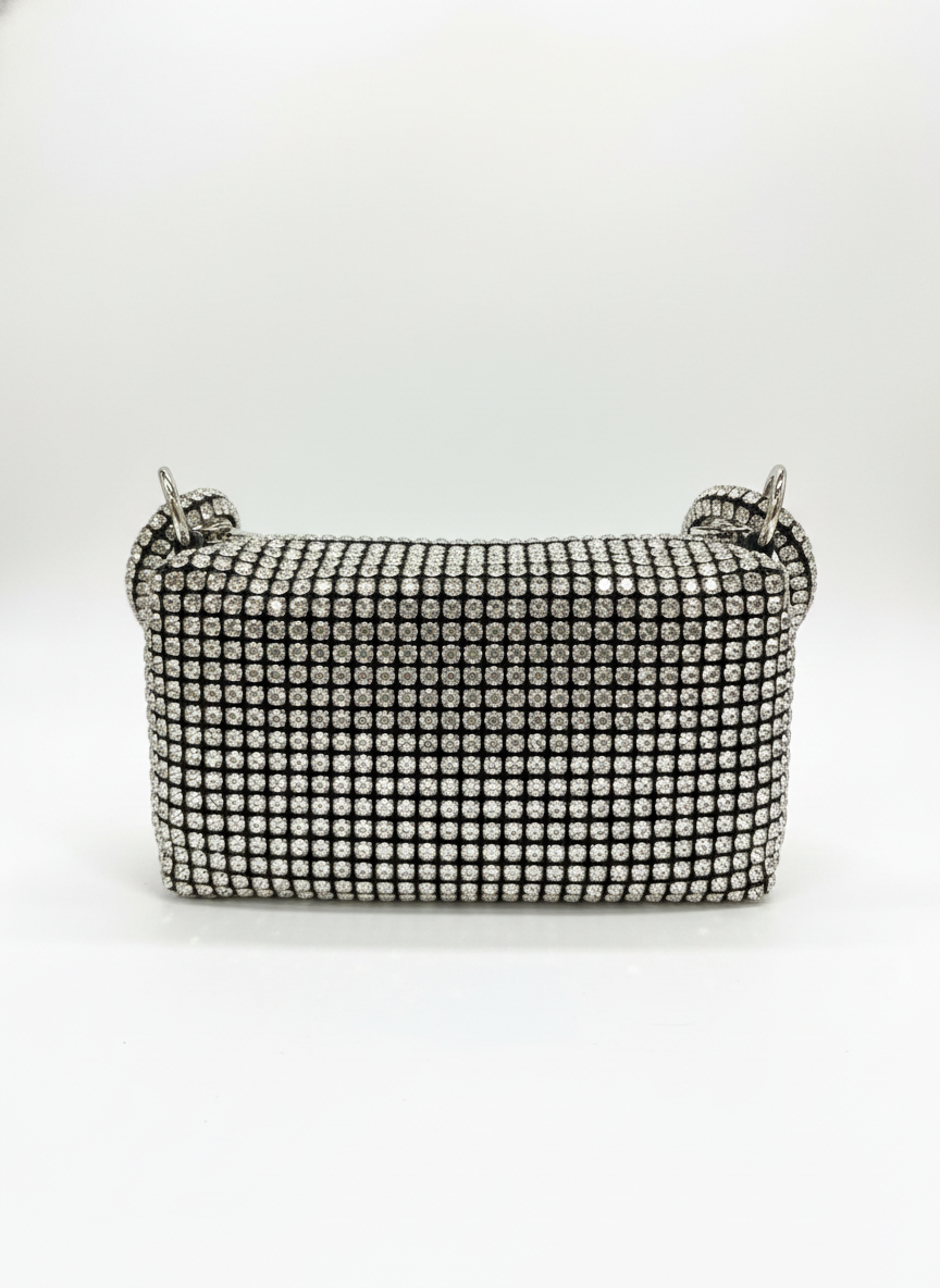 Luxury Silver Crystal Mesh Shoulder Bag Bling Square Evening Purse - BG004