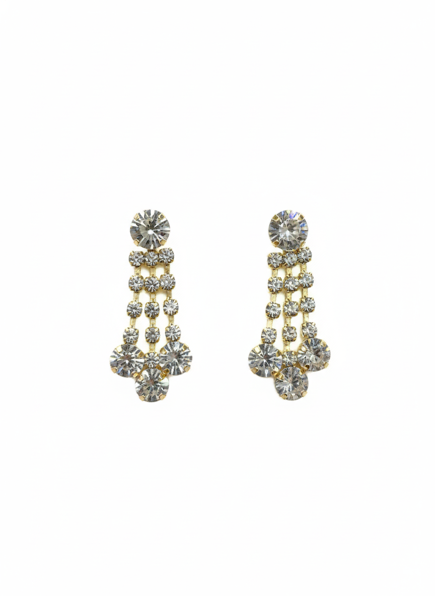 Gold-tone chandelier earrings with clear crystal clusters and dangling crystal tassels