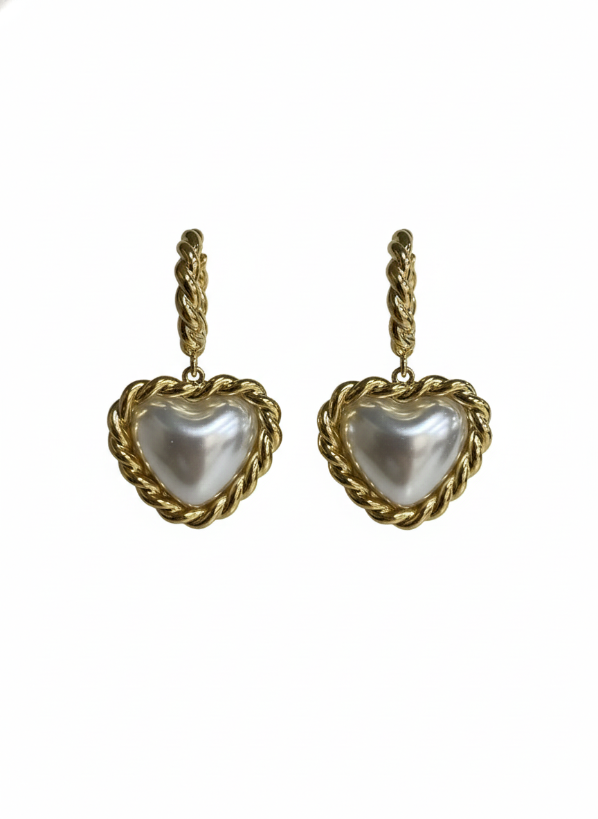 Vintage Gold-Tone Rope Heart Pearl Earrings - RM024