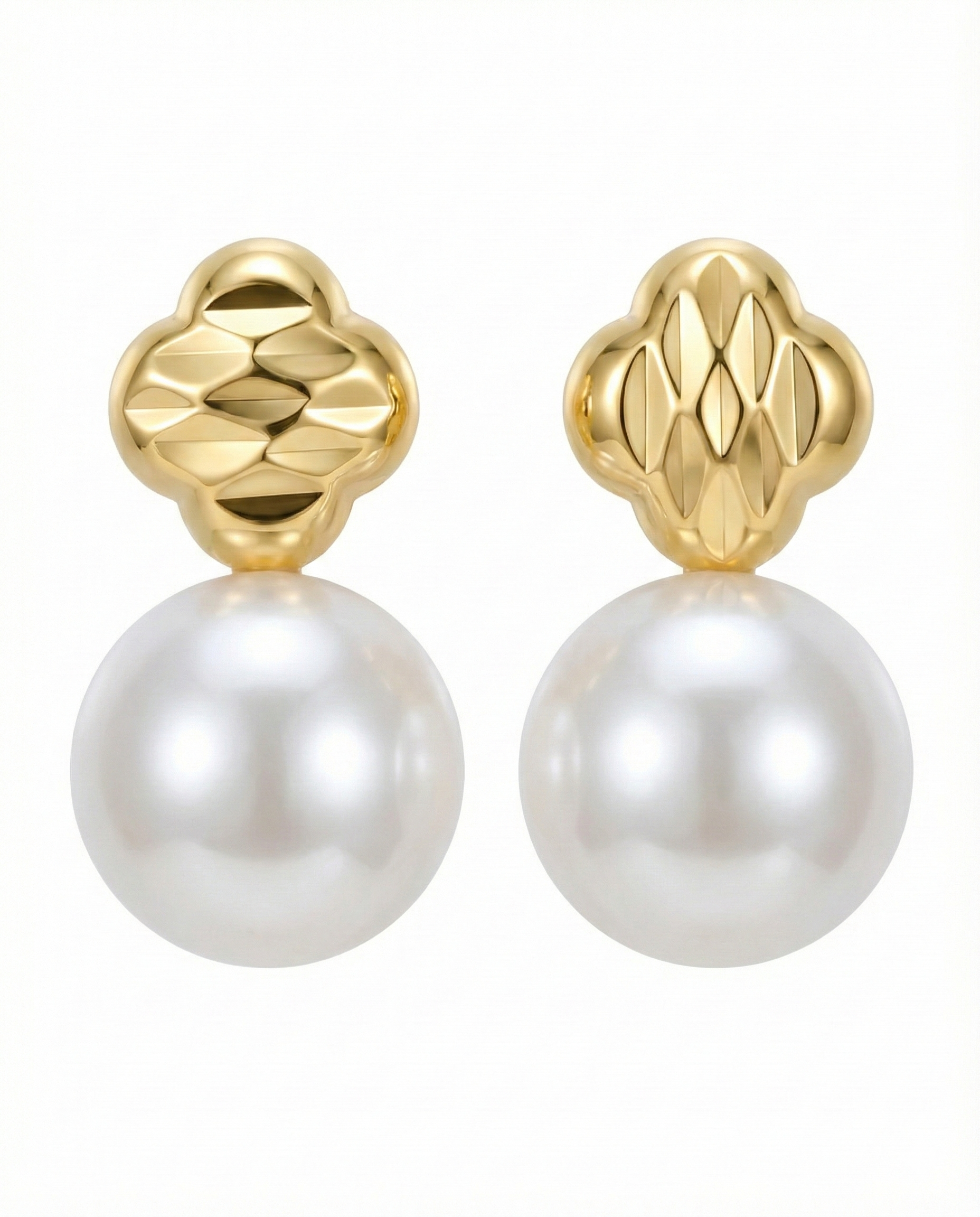 Gold-Tone Clover Flower Pearl Drop Earrings - RM002