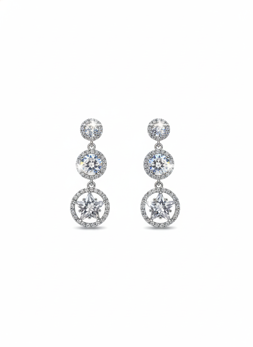 Classic Triple Round Stone Linear Drop Earrings Silver Tone - YD002