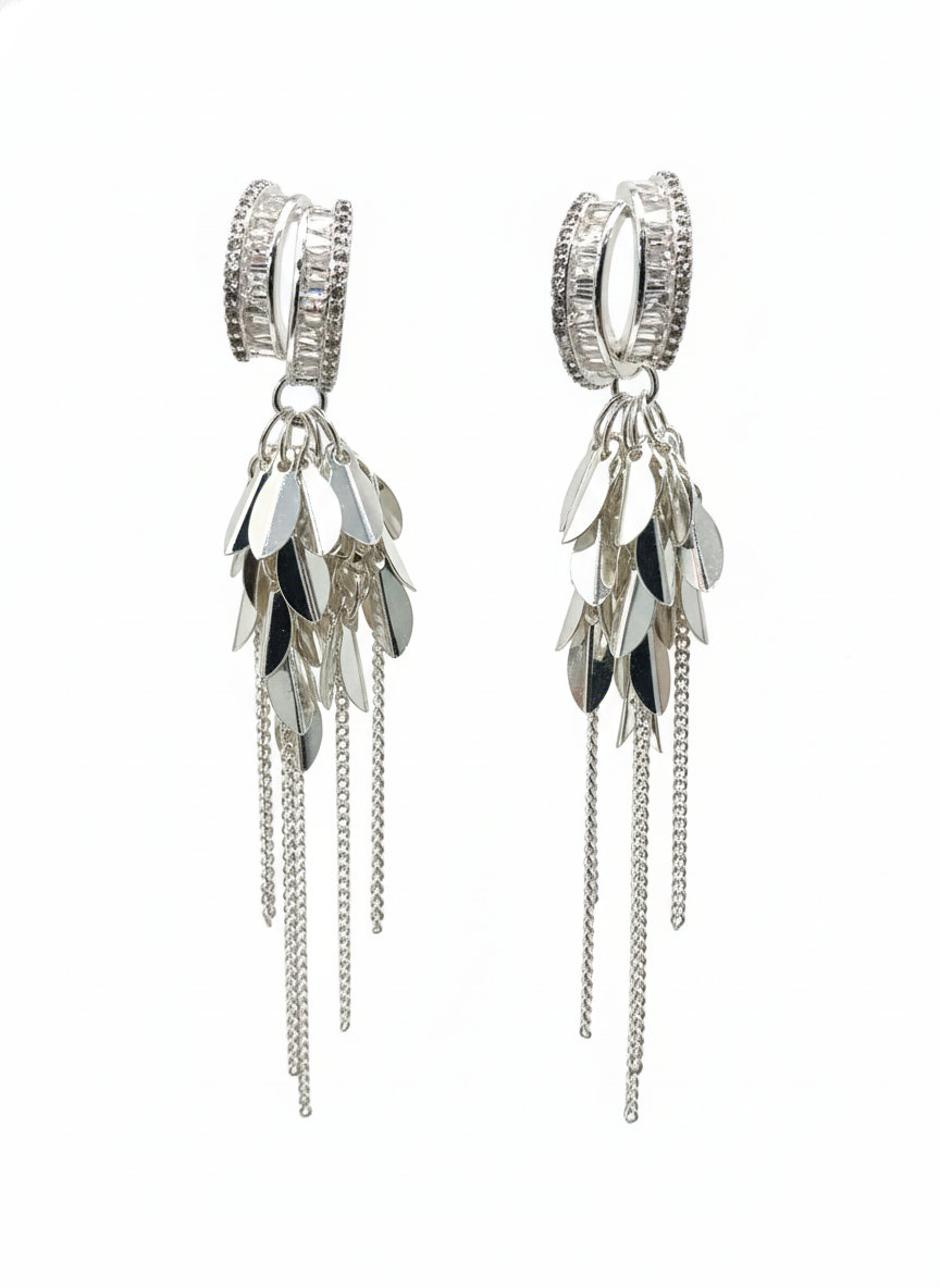 Edgy Silver-Tone Hoop Earrings with Long Chain Tassel Fringe - YD007