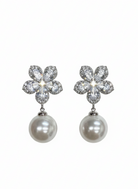 Silver-Tone Crystal Flower Pearl Drop Earrings - RM016