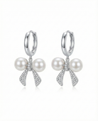 Silver-Tone Crystal Bow Knot Pearl Drop Earrings - RM009