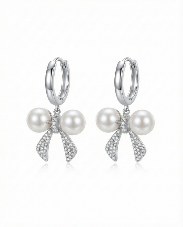 Silver-Tone Crystal Bow Knot Pearl Drop Earrings - RM 009