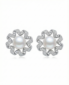 Silver-Tone Spiral Flower Pearl Stud Earrings - RM011